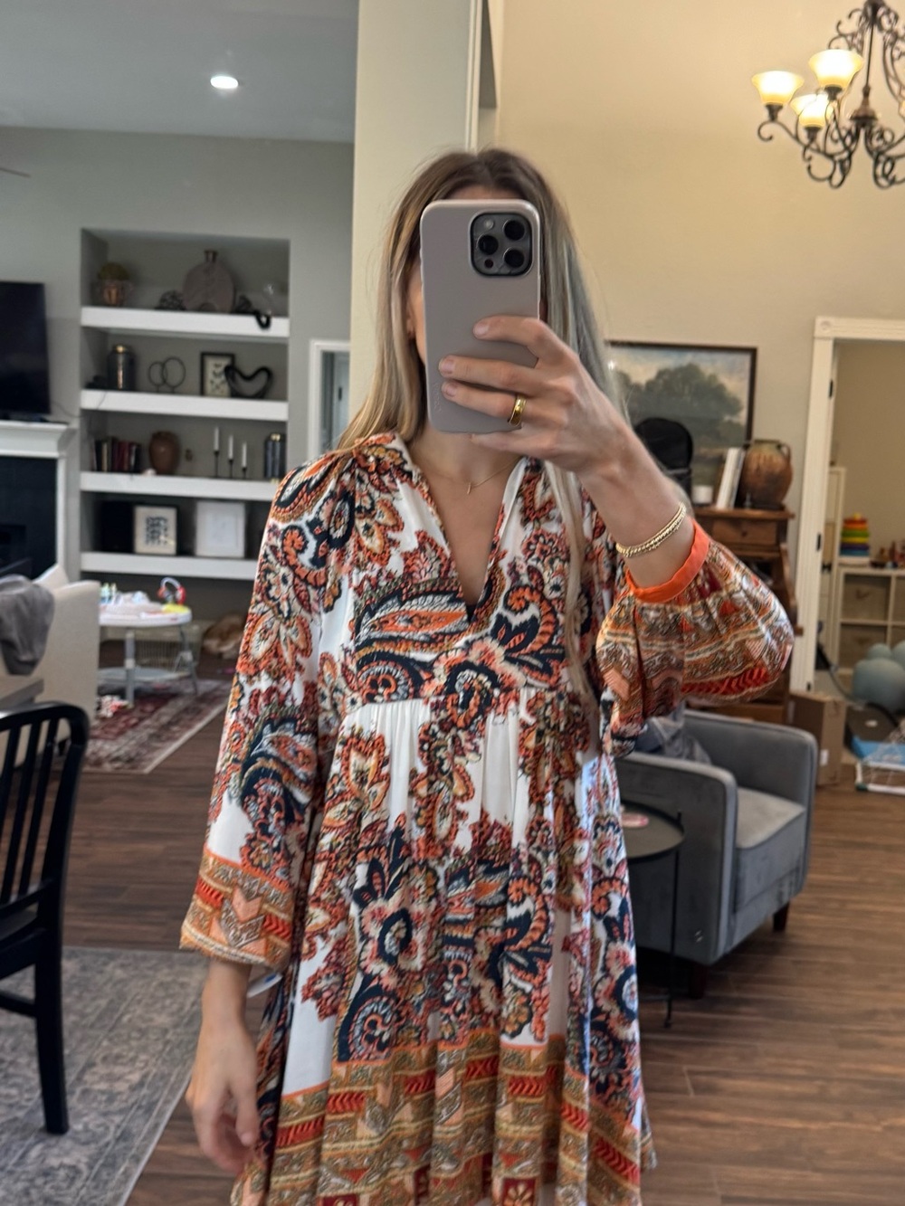 Free People White Paisley Mini Dress with Orange and Navy Accents
